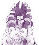 1girl animal_ears bottomless censored legs_up monochrome monster mosaic_censoring no_shoes open_mouth restrained sakifox tail tentacle tentacle_sex thighhighs vaginal 