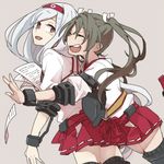  commentary_request grey_hair hair_ribbon hairband hakama_skirt headband japanese_clothes kantai_collection long_hair multiple_girls muneate papers red_skirt ree_(re-19) ribbon shoukaku_(kantai_collection) skirt tasuki twintails white_hair white_ribbon zuikaku_(kantai_collection) 