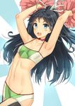  :d armpits bangs bare_arms bare_shoulders black_hair blue_eyes blush breasts cheerleader cowboy_shot eyebrows_visible_through_hair hair_ribbon halterneck high_ponytail highres holding jpeg_artifacts kantai_collection katsuragi_(kantai_collection) long_hair looking_at_viewer navel open_mouth parted_bangs parted_lips pom_poms revision ribbon round_teeth small_breasts smile solo soushou_nin sports_bra standing stomach tareme teeth two-tone_background very_long_hair white_ribbon 