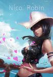  6.3.2.4. armlet artist_name bangs bare_shoulders black_hair blue_sky breasts character_name cloud commentary_request cowboy_hat dated day floating_hair green_eyes hat heart jolly_roger lace_trim lips long_hair looking_at_viewer medium_breasts midriff navel nico_robin ocean one_piece outdoors parted_lips petals pirate_ship railing sail ship sky solo standing stomach upper_body vest watercraft wind 