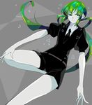  &gt;:( androgynous black_neckwear black_shorts buebue collared_shirt commentary_request frown gem_uniform_(houseki_no_kuni) green_eyes green_hair hair_rings houseki_no_kuni jade_(houseki_no_kuni) kneehighs long_hair looking_to_the_side necktie shirt short_sleeves shorts solo uniform v-shaped_eyebrows white_shirt white_skin wing_collar 