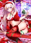  arm_support ass bad_id bad_pixiv_id bangs bell bell_choker blonde_hair blush bra breasts choker christmas christmas_ornaments christmas_tree cleavage eyebrows_visible_through_hair feet_out_of_frame flower globe indoors jingle_bell kaku-san-sei_million_arthur knees_together_feet_apart long_hair medium_breasts million_arthur_(series) navel night off_shoulder official_art panties parted_lips purple_eyes red_bra red_legwear red_panties santa_costume sitting solo thighhighs underwear very_long_hair watermark window yuuki_kira 