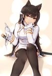  animal_ears atago_(azur_lane) azur_lane banana_(hirane1988) bangs black_hair black_legwear breasts brown_eyes commentary_request extra_ears gloves hair_ornament katana large_breasts long_hair long_sleeves looking_at_viewer military military_uniform miniskirt mole mole_under_eye ribbon skirt smile solo sword thighhighs uniform weapon white_gloves 