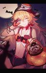  ;) bangs basket bat blonde_hair blush breasts closed_mouth collarbone commentary contrapposto cowboy_shot eyebrows_visible_through_hair fang full_moon girls_frontline green_eyes hair_between_eyes halloween hands_up highres letterboxed long_hair looking_at_viewer moon one_eye_closed s.a.t.8_(girls_frontline) shorts small_breasts smile solo standing suspender_shorts suspenders wtcolor 