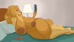  2017 4_toes anthro barefoot bed big_breasts big_nipples biped black_nose book bowl breasts brown_fur brown_hair brown_nipples brown_tail canine digital_media_(artwork) dog dog_treat dogmom female fur hair hi_res holding_book holding_object lamp lendinval long_hair lying mammal mature_female multicolored_fur multicolored_hair multicolored_tail nipples nude on_bed on_side pillow reading saluki slightly_chubby snout solo tan_fur tan_hair tan_tail thick_thighs toes two_tone_fur two_tone_hair two_tone_tail voluptuous wide_hips yellow_eyes 