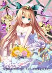  bad_id bad_pixiv_id bangs bare_arms bare_shoulders blonde_hair blunt_bangs blush bouquet bug butterfly butterfly_hair_ornament closed_mouth diadem dress eyebrows_visible_through_hair flower gem green_eyes hair_ornament happy head_tilt holding holding_bouquet insect jewelry kaku-san-sei_million_arthur kneeling long_hair looking_at_viewer million_arthur_(series) necklace official_art rose smile solo sword very_long_hair watermark weapon wedding_dress yellow_flower yellow_rose yuuki_kira 