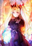  1girl black_dress blonde_hair blurry blurry_background bow diadem dress earrings ereshkigal_(fate/grand_order) eyebrows_visible_through_hair fate/grand_order fate_(series) gothic_lolita hair_bow highres holding_cage jewelry lens_flare lolita_fashion long_hair long_sleeves looking_at_viewer mikazukicrescent red_bow red_eyes solo standing twintails very_long_hair 