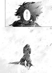  blizzard coat comic emiya_kiritsugu fate_(series) from_behind greyscale kneeling monochrome outdoors pants sen_(0snow) short_hair snow translated 