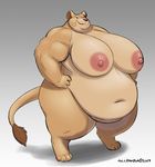  anthro areola belly big_belly big_breasts breasts feline female gillpanda hi_res huge_breasts lion looking_at_viewer mammal muscular nipples nude obese overweight overweight_female simple_background smile solo 