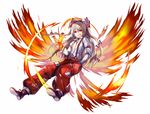  absurdres amamitsu_kousuke bad_id bad_twitter_id bow fiery_wings fire fujiwara_no_mokou full_body grin hair_bow hand_in_pocket highres long_hair long_sleeves looking_at_viewer ofuda pants red_bow red_eyes red_pants shirt shoes silver_hair simple_background smile solo suspenders torn_clothes torn_shirt touhou very_long_hair white_background white_shirt wing_collar wings 