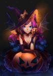  animal_ears asymmetrical_clothes blue_eyes choker elbow_gloves gloves gradient_hair halloween hat highres jack-o'-lantern kaminary long_hair looking_at_viewer mismatched_gloves multicolored_hair original purple_hair single_elbow_glove solo wings witch_hat 