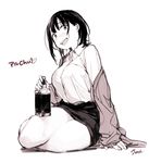  :d artist_name aruchu! bangs bottle breasts cardigan copyright_name dress_shirt greyscale heart highres large_breasts long_sleeves looking_at_viewer monochrome office_lady open_cardigan open_clothes open_mouth ouchi_kaeru pencil_skirt protected_link shirt short_hair sidelocks signature simple_background sitting skirt smile solo tareme thighs yokozuwari 