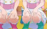  blonde_hair boots green_footwear green_panties hands_on_own_knees haruyama_kazunori head_out_of_frame kirahoshi_ciel kirakira_patisserie_uniform kirakira_precure_a_la_mode long_hair multiple_girls panties pantyshot pantyshot_(squatting) pink_footwear pink_panties precure squatting underwear usami_ichika 