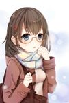  artist_name bag blue_eyes blush breasts brown_hair eyebrows_visible_through_hair glasses hair_ornament hairclip handbag highres kumei medium_breasts original parted_lips scarf semi-rimless_eyewear short_hair smile solo upper_body 