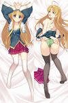  ahoge arms_behind_back arms_up asia_argento ass bed_sheet black_legwear blonde_hair blush bound bound_arms breasts cameltoe cleavage collarbone daki-makura dakimakura eyebrows_visible_through_hair from_above green_eyes green_panties high_school_dxd long_hair looking_at_viewer looking_back lying medium_breasts miniskirt multiple_views on_back on_stomach open_mouth panties pleated_skirt purple_skirt red_skirt skirt skirt_removed smile striped striped_panties thighhighs underwear very_long_hair white_legwear zettai_ryouiki 