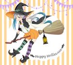  :q adjusting_hair alternate_costume ascot bad_id bad_pixiv_id banned_artist black_gloves broom broom_riding checkered checkered_legwear garter_straps gloves halloween happy_halloween hat high_heels highres kantai_collection kiyoshimo_(kantai_collection) long_hair looking_at_viewer low_twintails pumpkin_pants sakuharu silver_eyes silver_hair smile solo suspenders tongue tongue_out twintails witch witch_hat 