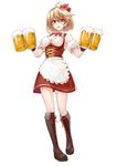  :d ahoge aki_shizuha alcohol alternate_costume apron bare_shoulders beer beer_mug blonde_hair boots breasts cleavage cross-laced_footwear cup dirndl dress dual_wielding full_body german_clothes hair_between_eyes highres holding holding_cup knee_boots lace-up_boots looking_at_viewer medium_breasts open_mouth red_dress red_eyes short_dress shunichi simple_background smile solo standing touhou underbust waist_apron white_background 