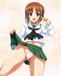  :d bangs black_neckwear blouse brown_eyes brown_hair cameltoe commentary_request cowboy_shot girls_und_panzer green_skirt highres lifted_by_self long_sleeves looking_at_viewer midriff miniskirt navel neckerchief nishizumi_miho ooarai_school_uniform open_mouth ouhashi panties pleated_skirt school_uniform serafuku short_hair side-tie_panties skirt skirt_lift smile solo standing sweat underwear v white_blouse white_panties yellow_background 