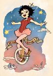  black_hair character_name cuphead_(game) full_body hilda_berg humanization oimo_(14sainobba) outstretched_arms short_hair simple_background star star_(sky) sunset tan_background unicycle 
