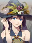  bare_shoulders black_hair blue_eyes collar collarbone commentary_request ear_piercing halloween hat highres long_hair looking_at_viewer original piercing sleeveless solo tennohi upper_body witch_hat 