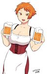  alcohol apron beer beer_mug breasts brown_eyes brown_hair cleavage collarbone corset cup dirndl german_clothes holding holding_cup large_breasts open_mouth original short_hair short_sleeves smile solo tsukudani_(coke-buta) tsurime tsurime-chan waist_apron waitress 