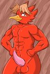  avian avian_penis balls barazoku beak bird blonde_hair clothed clothing cum hair male merco_(mischief_makers) mischief_makers muscular nude salamikii simple_background smile smirk solo topless video_games 