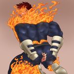  1boy anus ass bara boku_no_hero_academia endeavor_(boku_no_hero_academia) fire invitation kneeling looking_at_viewer male_focus muscle presenting red_hair solo torn_clothes undressing 
