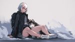  arm_support backpack bag bangs bare_legs closed_mouth coat dog earrings hair_between_eyes highres jewelry looking_at_viewer necklace original red_eyes shiroi_suzume shoes short_hair short_shorts shorts sitting solo white_hair 