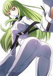  ass bangs blush bodysuit breasts c.c. code_geass commentary green_hair high_collar highres long_hair long_sleeves looking_at_viewer looking_back medium_breasts parted_lips sakurayume_kome signature simple_background sleeves_past_wrists smile solo standing twisted_torso white_background white_bodysuit wide_sleeves yellow_eyes 