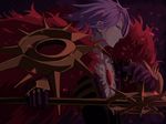  blue_eyes fate/apocrypha fate_(series) fur_trim highres holding holding_weapon jewelry karna_(fate) male_focus mukade_(siieregannsu) necklace pale_skin purple_hair solo weapon 