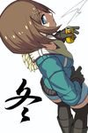 alternate_costume black_footwear black_gloves black_legwear blue_eyes blue_jacket boots brown_hair can collarbone earrings gloves hair_ornament hand_on_own_stomach highres holding holding_can jacket jewelry kantai_collection karasuma_kuraha looking_at_viewer maya_(kantai_collection) short_hair short_shorts shorts simple_background thighhighs white_background x_hair_ornament 