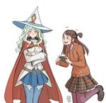  blush cape cellphone closed_eyes commentary cosplay diana_cavendish embarrassed excited hat highres kagari_atsuko little_witch_academia multiple_girls navel phone shiny_chariot shiny_chariot_(cosplay) smartphone ticcy witch_hat 