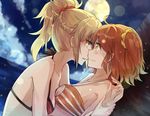  ahoge aili_(aliceandoz) bikini blonde_hair brilliant_summer commentary fate/apocrypha fate/grand_order fate_(series) fujimaru_ritsuka_(female) green_eyes hair_ornament hair_scrunchie high_ponytail highres imminent_kiss moon mordred_(fate) mordred_(fate)_(all) multiple_girls one_side_up orange_hair ponytail red_bikini red_scrunchie scrunchie swimsuit yellow_eyes yellow_scrunchie yuri 