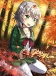  :d fur_trim green_eyes green_jacket green_skirt hadron9 hair_between_eyes highres jacket kantai_collection leaf long_sleeves maple_leaf open_mouth pantyhose pleated_skirt red_ribbon ribbon shimushu_(kantai_collection) short_hair silver_hair skirt smile solo white_legwear 