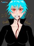  2017 black_clothes blood blue_hair cobaltice emo fangs halloween highres mascot original original_character patreon red_eyes vampire 