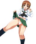  :d bangs black_legwear black_neckwear blouse brown_eyes brown_hair cameltoe dutch_angle girls_und_panzer green_skirt highres kneehighs lifted_by_self long_sleeves looking_at_viewer midriff miniskirt navel neckerchief nishizumi_miho ooarai_school_uniform open_mouth ouhashi panties pleated_skirt school_uniform serafuku short_hair side-tie_panties simple_background skirt skirt_lift smile solo standing sweat underwear v white_background white_blouse white_panties 