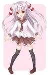  absurdres amatsukaze_(kantai_collection) bad_id bad_pixiv_id bangs black_legwear blush brown_eyes brown_footwear brown_neckwear brown_skirt commentary_request eyebrows_visible_through_hair fang frilled_skirt frills full_body hair_between_eyes hair_tubes hakuto_momiji head_tilt highres kantai_collection loafers long_hair long_sleeves looking_at_viewer neckerchief open_mouth pigeon-toed pink_background pleated_skirt school_uniform serafuku shirt shoes silver_hair simple_background skirt solo standing thighhighs two_side_up very_long_hair white_shirt windsock 