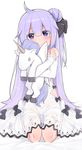  absurdres ahoge azur_lane bed_sheet commentary doll_hug dress hair_bun hair_ribbon highres long_hair looking_at_viewer noria one_side_up purple_eyes purple_hair ribbon simple_background sitting solo unicorn_(azur_lane) wariza white_background white_dress 