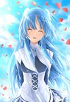  arms_behind_back blue_hair blue_sky breasts chtholly_nota_seniorious closed_eyes cloud day eyebrows_visible_through_hair floating_hair fu_xiao head_tilt highres long_hair medium_breasts open_mouth outdoors petals shuumatsu_nani_shitemasu_ka? sky solo standing sunlight very_long_hair 