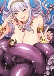  :d armlet bare_shoulders bracelet breasts cleavage commentary_request gem hairband highres idolmaster idolmaster_(classic) jewelry large_breasts long_hair looking_at_viewer monster_girl monsterification nail_polish necklace nonowa open_mouth pink_eyes scylla shijou_takane silver_hair smile tentacles tsurui underwater 