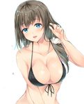 :d bangs banned_artist bare_arms bare_shoulders bikini_top black_bikini_top black_ribbon blue_eyes blush breasts brown_hair cleavage collarbone eyebrows_visible_through_hair front-tie_bikini front-tie_top hair_ornament hair_over_shoulder hair_scrunchie hand_up large_breasts long_hair looking_at_viewer low-tied_long_hair low_ponytail mole mole_under_eye open_mouth original ribbon scrunchie shiny shiny_skin smile solo suihi tareme upper_body white_scrunchie 