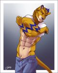  2017 5_fingers abs anthro blonde_hair blue_fur blue_hair blue_nose clothing dexterlion eyebrows feline feralise fingerpads fur hair jeans lion male mammal mane multicolored_hair muscular muscular_male orange_eyes pants shirt simple_background smile solo standing tan_fur top two_tone_hair undressing yellow_fur 