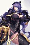 armor banned_artist black_armor black_panties breasts camilla_(fire_emblem_if) capelet cleavage fire_emblem fire_emblem_if gauntlets gradient gradient_background hair_over_one_eye large_breasts lips long_hair looking_at_viewer panties parted_lips purple_eyes purple_hair simple_background smile solo thighhighs tiara underwear very_long_hair yinan_cui 