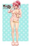  areolae bare_legs black_bow blush bow bow_panties breasts breasts_outside coffee_mug collarbone copyright_name cup floral_print full_body gang_of_heaven groin hair_ribbon holding large_areolae large_breasts legs_apart long_hair long_sleeves looking_down masami_chie mug nipples no_bra official_art open_mouth outside_border pajamas panties partially_unbuttoned pink_footwear pink_shirt polka_dot polka_dot_background ponytail print_shirt red_eyes red_hair ribbon shirt shirt_slip sidelocks slippers solo standing underwear yellow_panties 