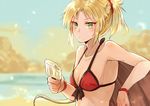  aili_(aliceandoz) bikini blonde_hair commentary_request fate/apocrypha fate/grand_order fate_(series) food green_eyes ice_cream looking_at_viewer mordred_(fate)_(all) mordred_(swimsuit_rider)_(fate) ponytail popsicle red_bikini swimsuit upper_body 