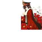  arms_behind_head bangs black_hair black_hat cape fate_(series) flower from_side hat koha-ace leaf long_hair looking_at_viewer naked_cape oda_nobunaga_(fate) oda_uri official_art pako peaked_cap plant red_cape red_eyes red_flower smile solid_white_thumbnail solo very_long_hair white_background 