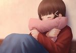  ^_^ against_wall bangs blunt_bangs blurry blush brown_hair closed_eyes commentary depth_of_field hair_ornament hairclip happy knees_up kurosawa_dia long_hair long_sleeves love_live! love_live!_sunshine!! papi_(papiron100) pillow pillow_hug red_sweater signature sitting solo sweater 
