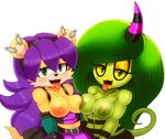 2017 anthro areola black_nose blue_eyes breasts clothed clothing ear_piercing eyelashes female fur gloves green_eyes green_hair green_skin hair half-closed_eyes herpestid horn lips looking_at_viewer mammal matospectoru mina_mongoose mongoose navel nipples nude open_mouth piercing purple_hair simple_background skirt sonic_(series) tongue tongue_out white_background yellow_fur zeena zeti 