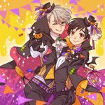  ;q belt black_gloves black_hair blue_eyes bottle brown_eyes candy cape cravat fang food gloves halloween hand_on_another's_hip hat katsuki_yuuri lollipop male_focus mini_hat mini_top_hat multiple_boys one_eye_closed outstretched_hand shiki_(hubin) silver_hair smile sparkle string_of_flags tongue tongue_out top_hat viktor_nikiforov waistcoat yuri!!!_on_ice 