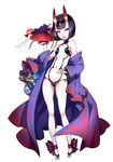  anklet barefoot barefoot_sandals black_hair breasts cup fate/grand_order fate_(series) food fruit full_body highres horns japanese_clothes jewelry kawagoe_pochi kimono looking_at_viewer navel oni oni_horns open_clothes open_mouth purple_eyes sakazuki short_hair shuten_douji_(fate/grand_order) simple_background small_breasts solo standing 